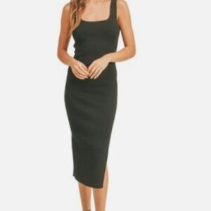 Miou Muse - Square Neck Knit Fitted Slit Dress. Olive green. Never worn, NWT.